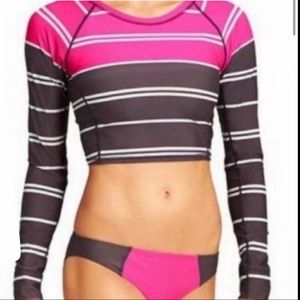 ATHLETA Rash-guard Cropped Shirt Stripes Pink Brown White UPF +50 Surf Top